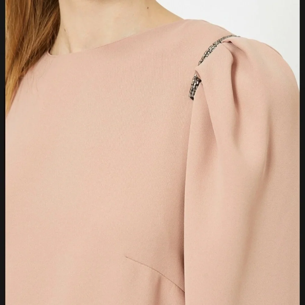 H&M blush pink puff sleeve beaded shoulder long sleeve mini dress small - Picture 5 of 6